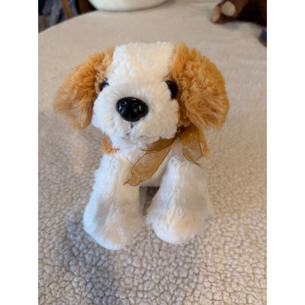 Burton + Burton Puppy Dog Plush Tan White Stuffed Animal Gold Ribbon Bow 9716964